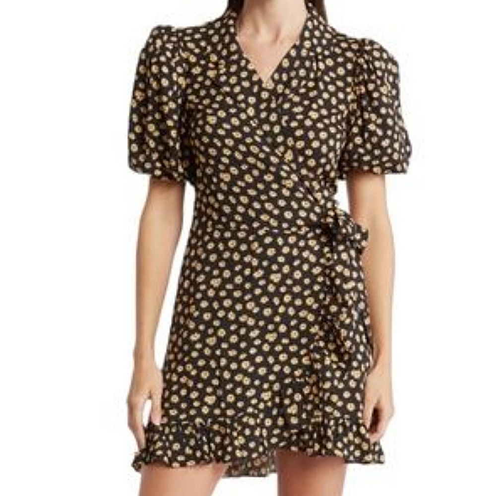 🆕️ WE WORE WHAT Black Ditsy Daisy Puff Sleeve Wrap Dress SIZE: S